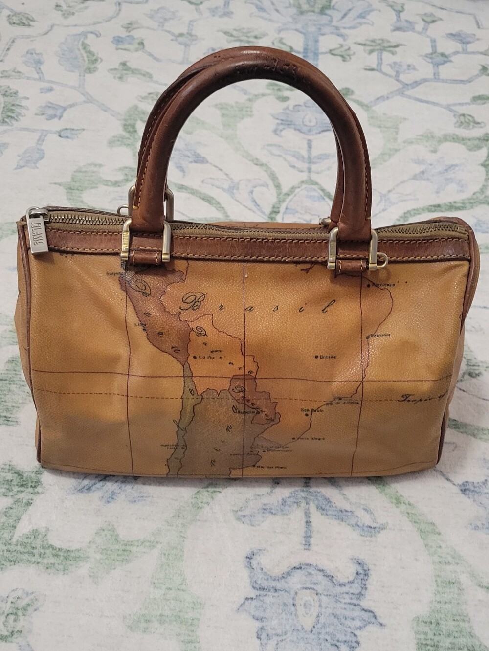 Alviero Martini Map-Print Satchel in Tan and Brown Leather Handles